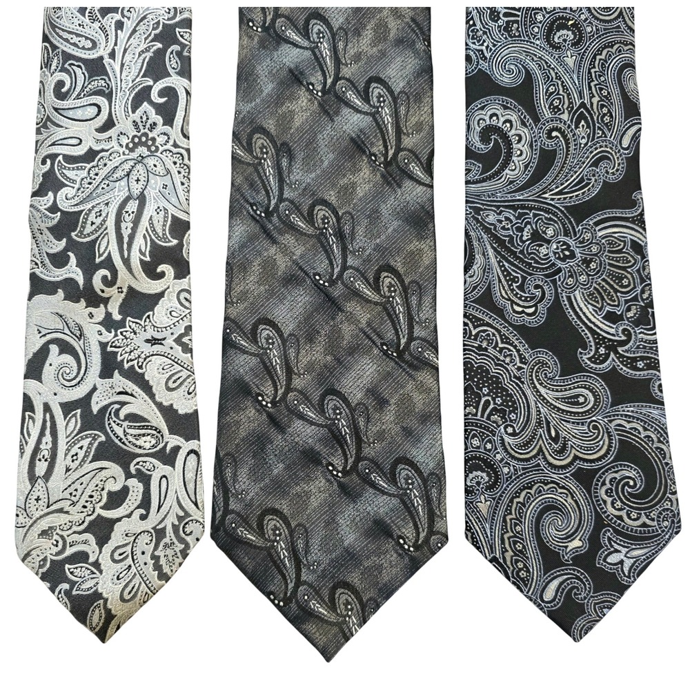 Lot of 3 Mens Silk Ties Paisley Grey Black Kirkland Nautica Emilio Ponti
